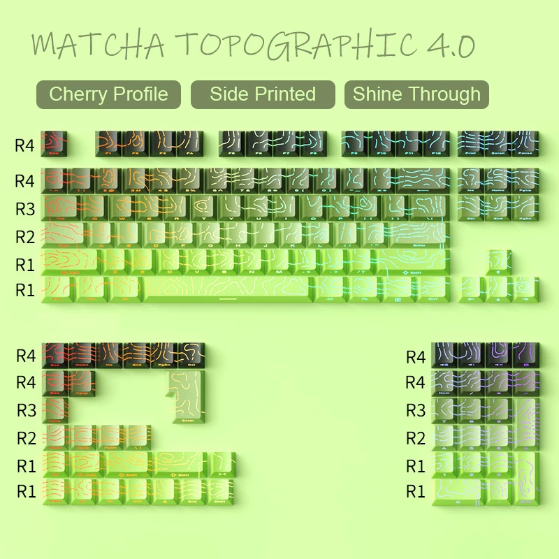 

Cherry Profile Matcha Topographic 4.0 PBT Double Shot Keycaps Side Print Shine Through Keycaps for MX Switches Gaming Keyboard
