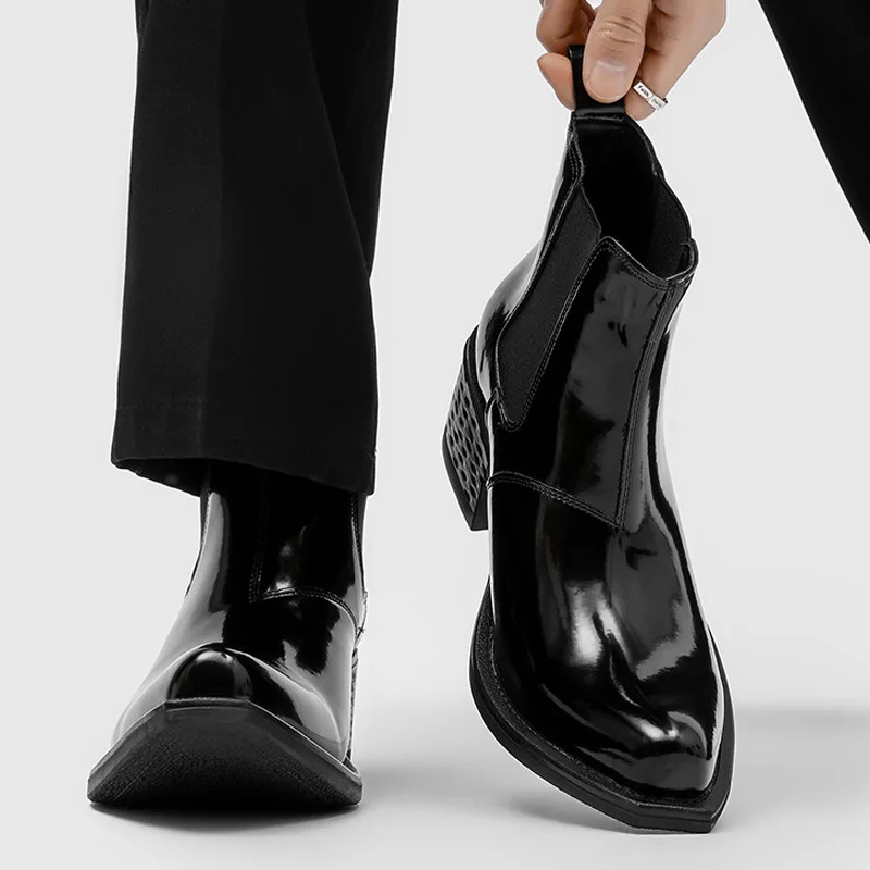 

big size men fashion hip hop rock chelsea boots slip-on patent leather shoes cowboy ankle boot black trendy short botas hombre