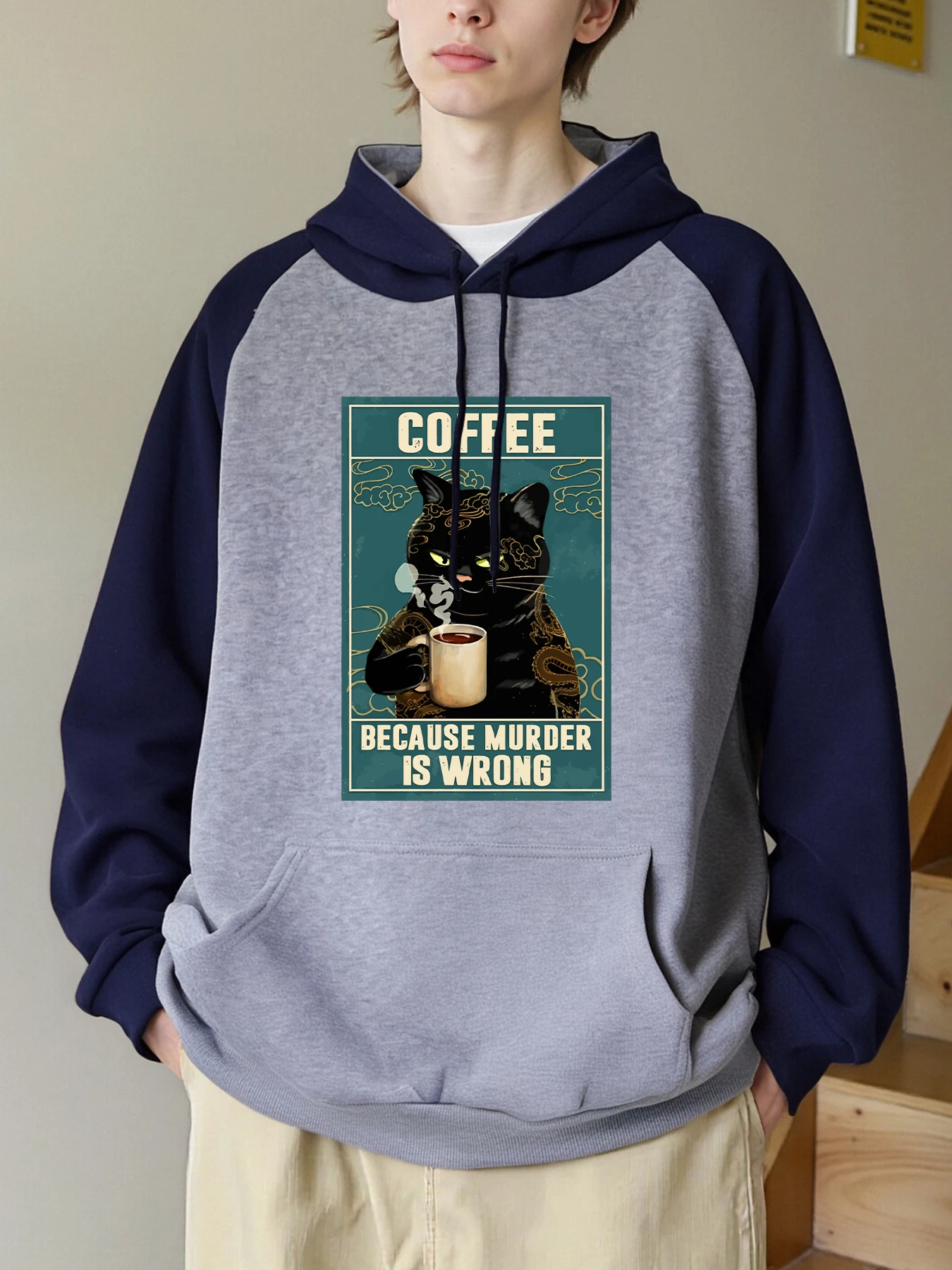 A Cat That Drinks Coffee And Works Bedruckter Herren-Raglan-Kapuzenpullover mit Herbst-Taschen-Kapuzenpullover, lässiger weicher Kapuzenpullover aus Fleece in Übergröße