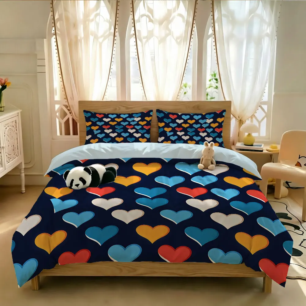 Colorful Hearts Duvet Cover Set 3 Piece Queen Size Soft Cozy Bedding Home Decor Gift for Women Girls