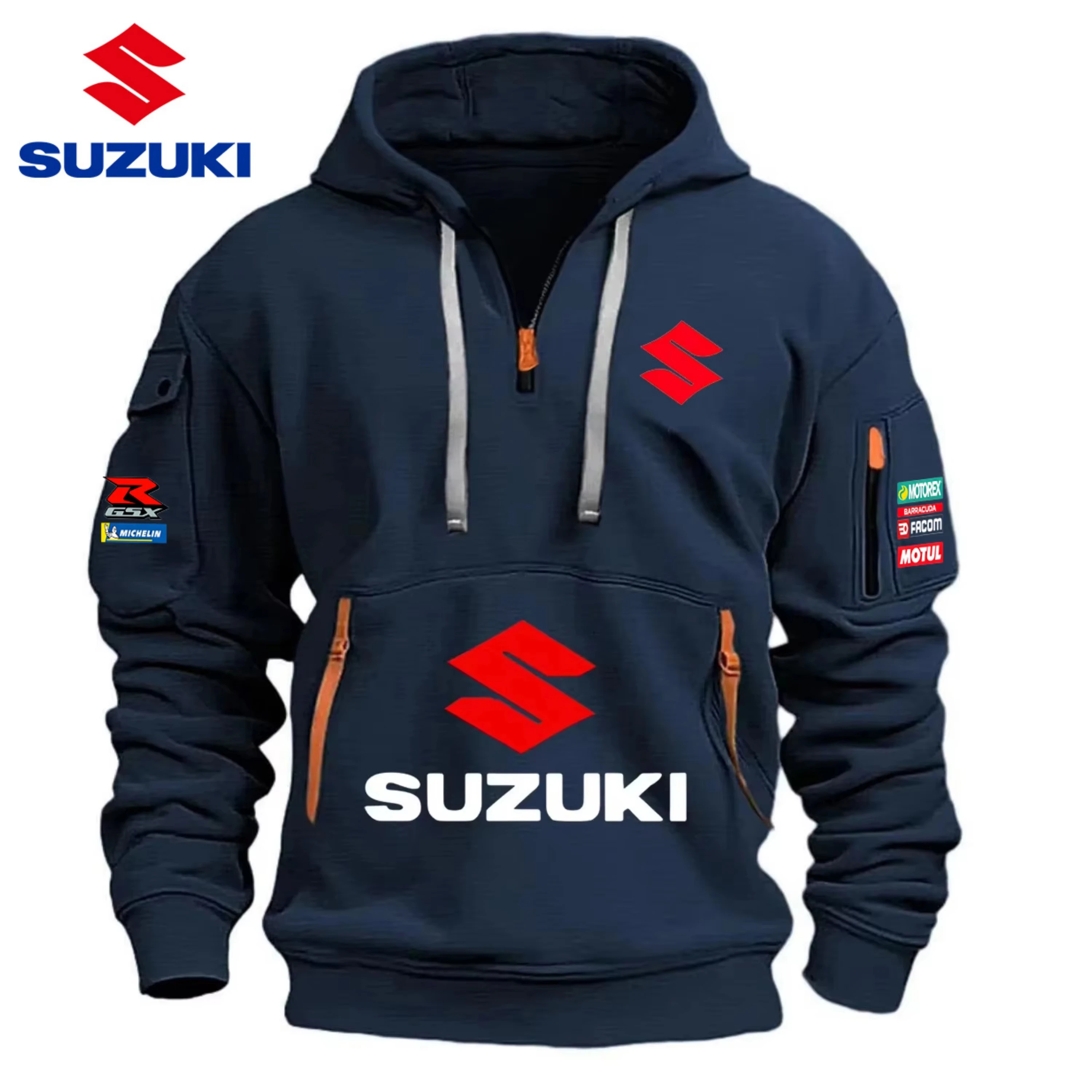 2026 New Motorcycle-style Suzuki Hoodie with Half-Zip Design and Red Logo, Unisex Workwear-style Casual Top