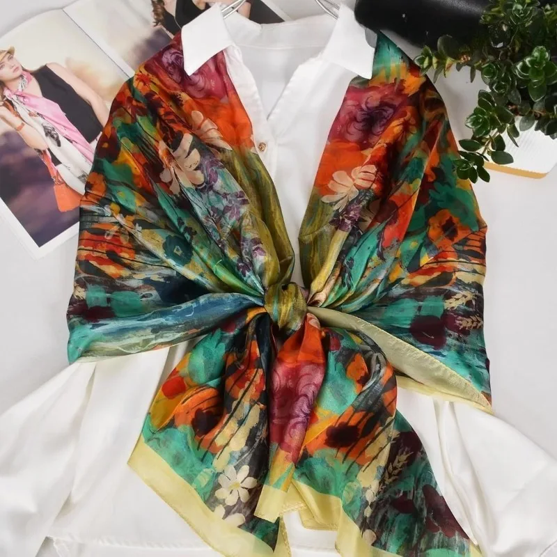 Lightweight Large 100% Mulberry Silk Scarf for Women Oblong Shawl Neck Scarf Beach Wrap Headscarf Gift Pack Orange Floral Print