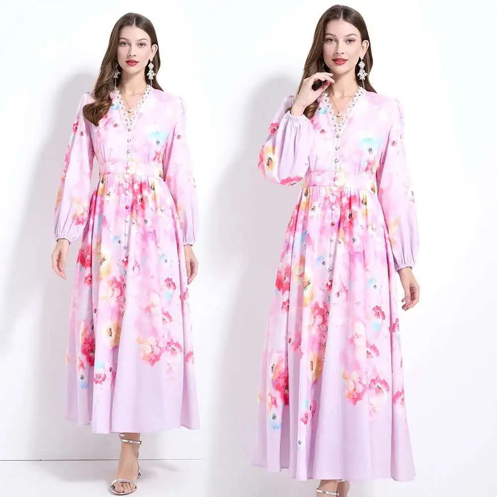 ดอกไม้ชุดยาวผู้หญิงฤดูร้อน 2025 ฤดูใบไม้ผลิเดี่ยวลูกไม้ V คอสายจีบโคมไฟแขนยาวชุด Maxi เสื้อ