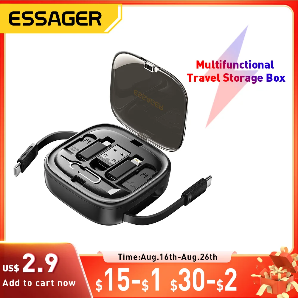 Essager 60 W Schnellladung USB A/C auf Typ C Micro Lightning Kabel Mini Multifunktionale Reise Aufbewahrungsbox mit Telefonhalter Pin Set