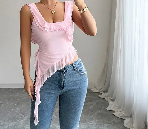 

Simple and Fashionable Lotus Leaf Tattered Lace T-shirt Women's Vest 2025 Summer Top