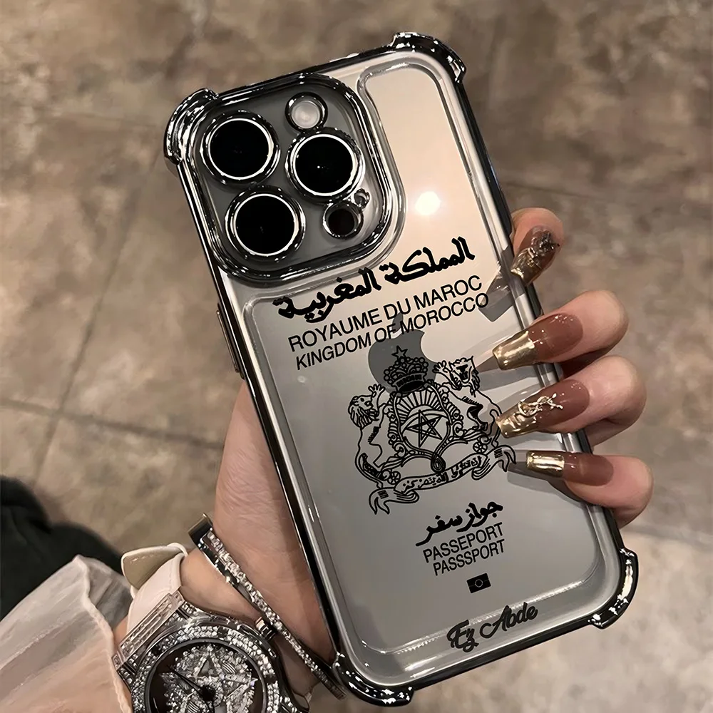 M-Morocco P-Passport Plating Case dla iPhone 16 15 14 13 12 11 Pro Max X XR XSMax 7 8 6 Plus Anti-Fall Airabag Back Cover