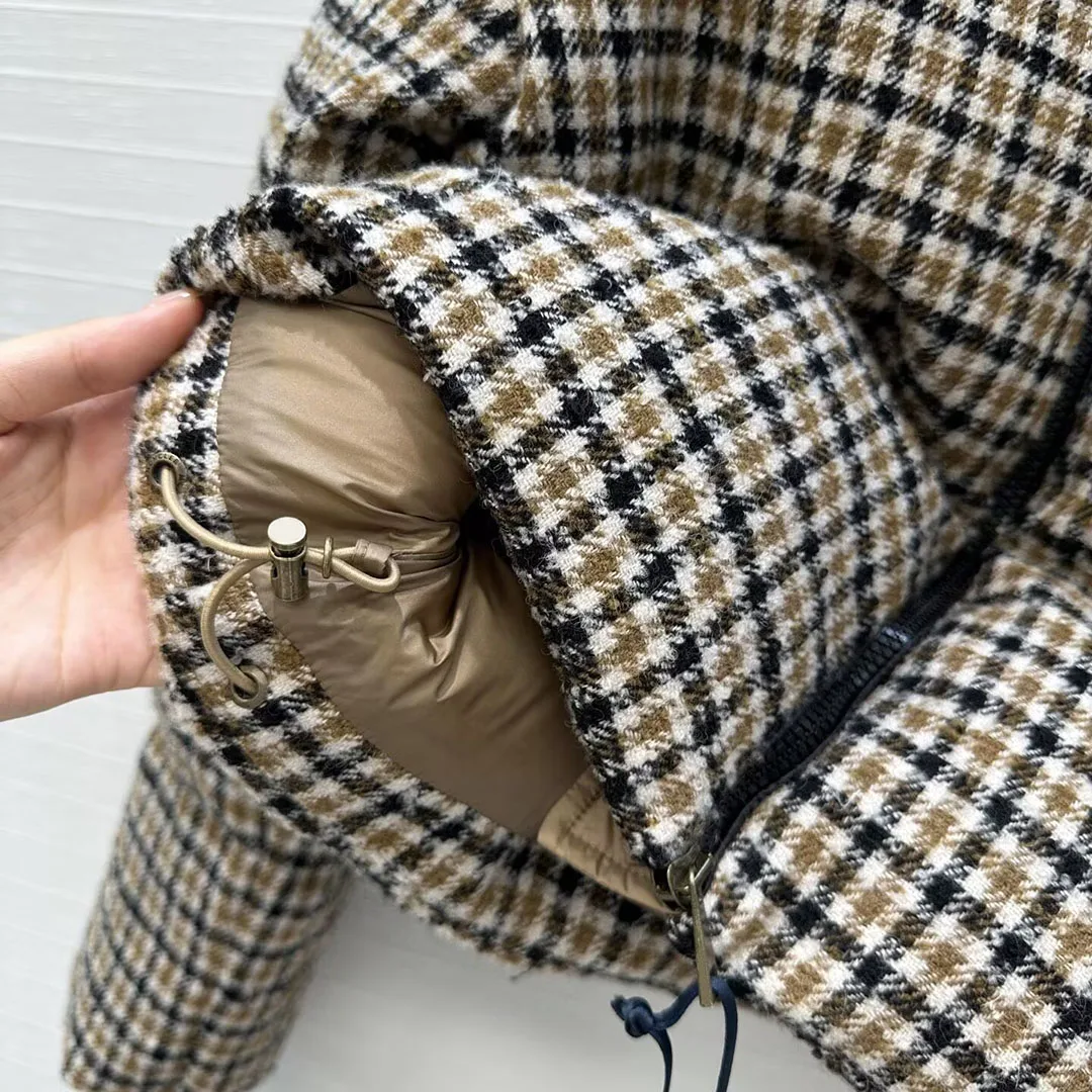 2025 New Winter White Goose Down Coat Women Fleece Turtleneck Long Sleeve Loose Bread Style Woolen Plaid Vintage Casual Jacket - Image 3