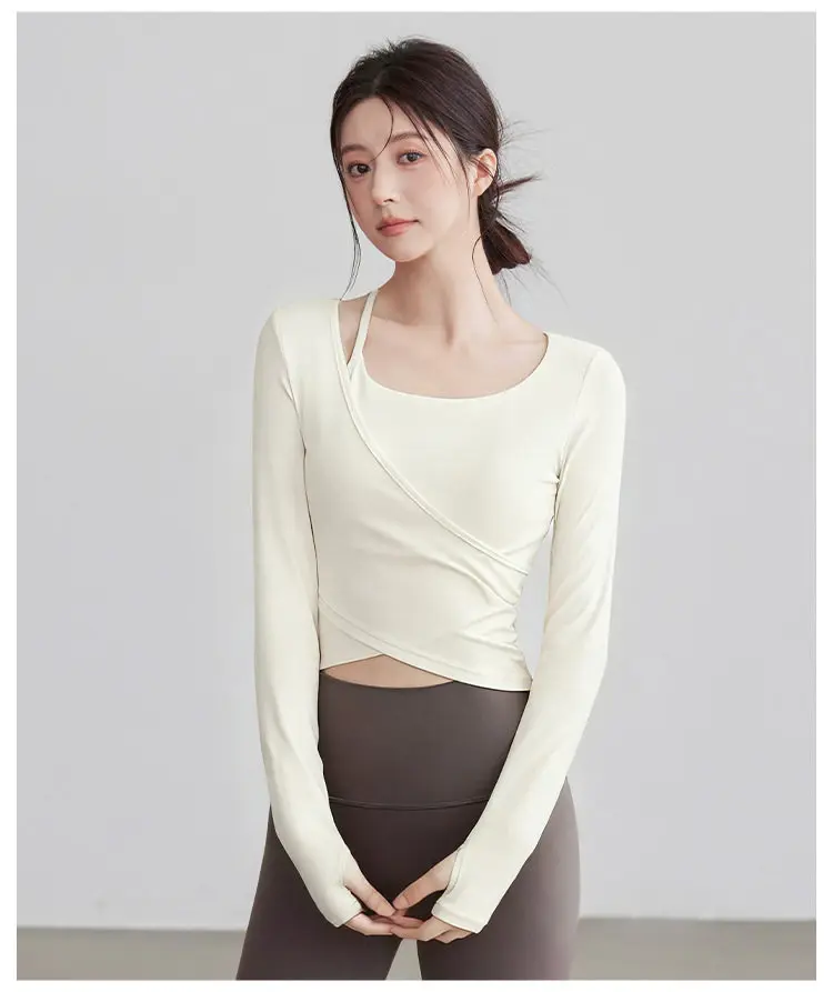 Damen-Yoga-Kleidung mit Brustpolstern, Zweiteiliges Design, Figurformende Oberteile, Trainings-, Pilates- und Fitnesskleidung, Langärmelige Laufkleidung – Detail 3