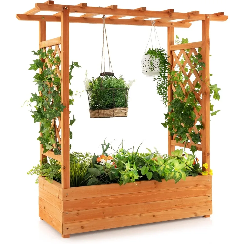 

S AFSTAR Raised Garden Bed with Arch Trellis, Wood Planter Box with Hanging Roof, Side Trellis, 4 Drainage Holes, Above Ground E