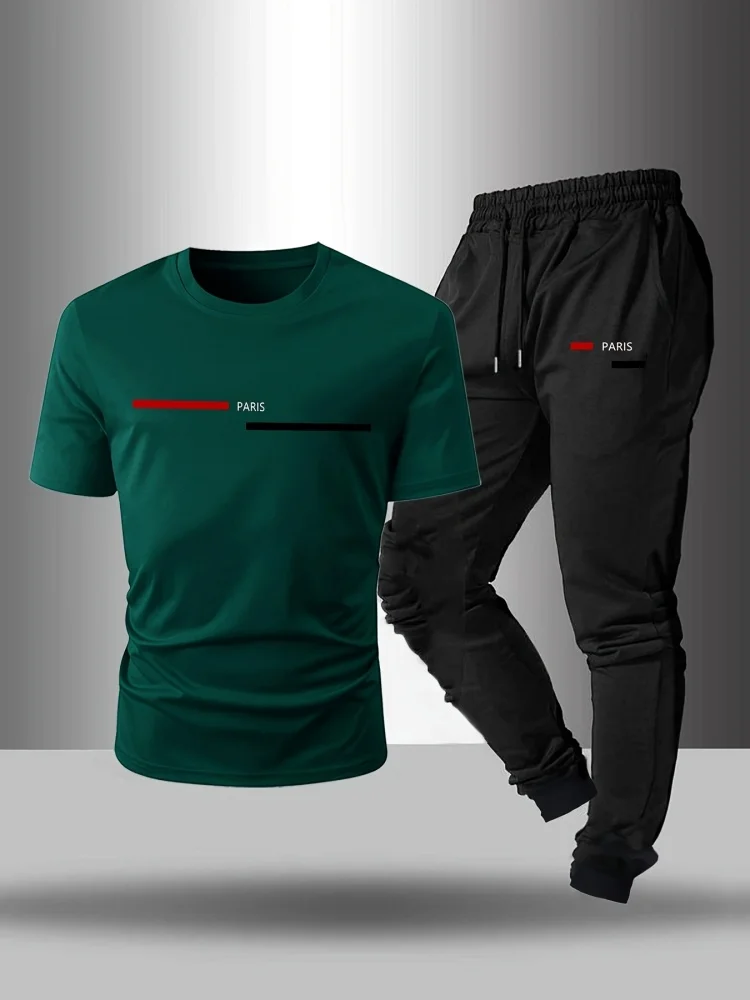 

Summer Men's Casual Set New Arrival: Letter Print Short-Sleeve Top & Fashionable Wide-Leg Pants Trendy Outdoor Two-Piece Set