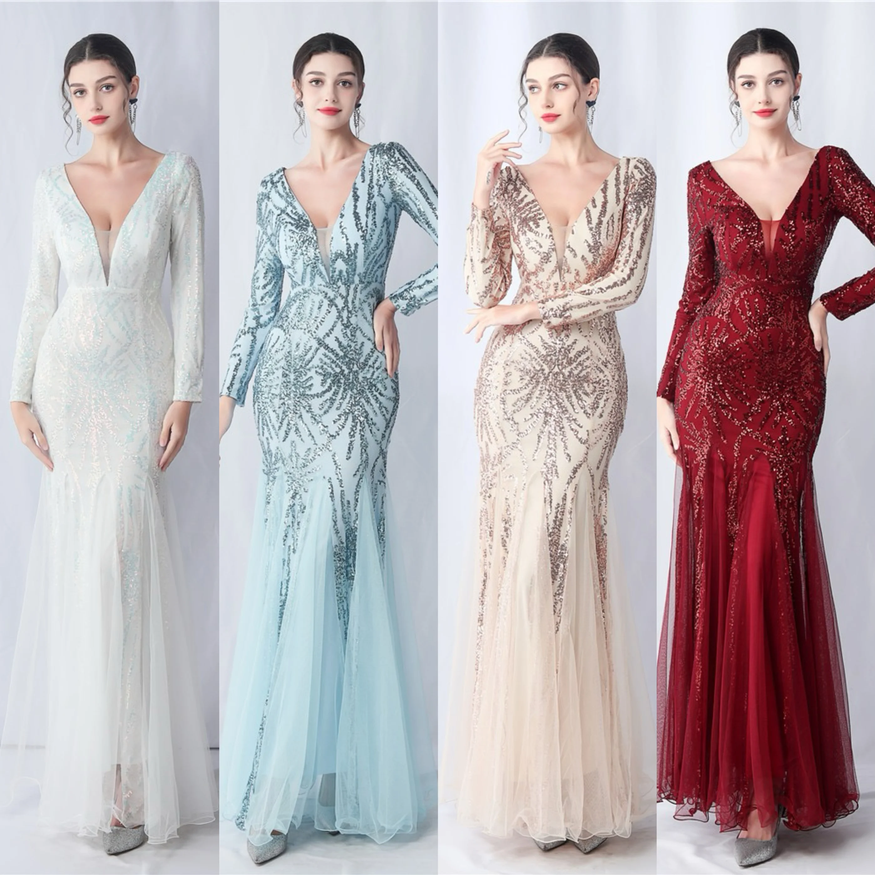 

iny Sequin Evening Dr Long Sve Bar Host Model ow off Stage Red Carpet Event Korean Sle Deep V Ne mid Waist