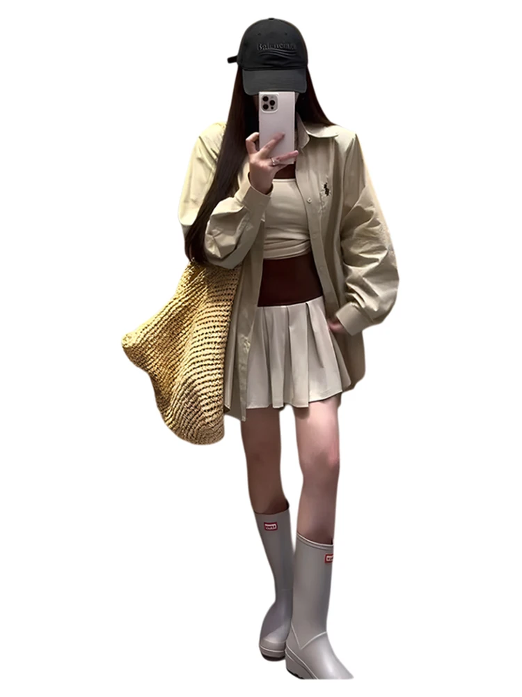 Inizio autunno Protezione solare Colletto irt Set Gonna scozzese a vita alta da donna Set di pezzi di maglietta Set coreano Sle Faion