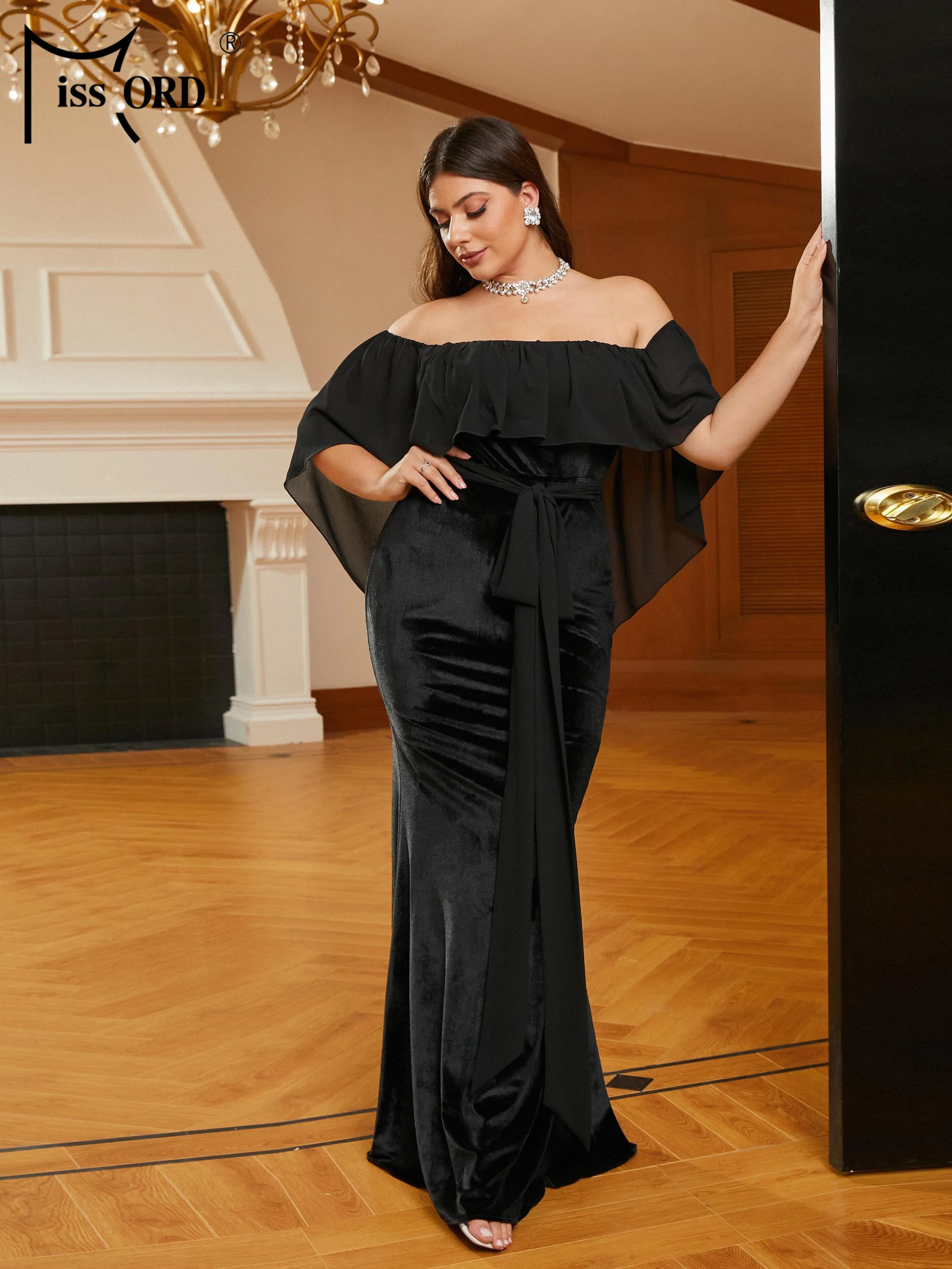 

Missord Plus Size Batwing Sleeve Black Off Shoulder Mermaid Evening Dress Formal Occasion Prom Dresses