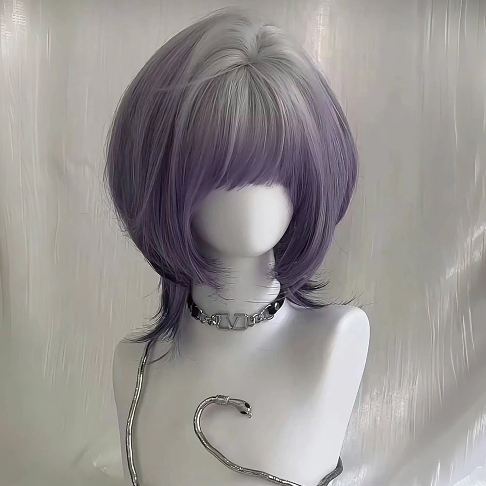 Grey Ombre Purple Short Synthetic Straight Women Wig Heat Resistant Fluffy Wig with Bangs for Daily Party Lolita Cosplay