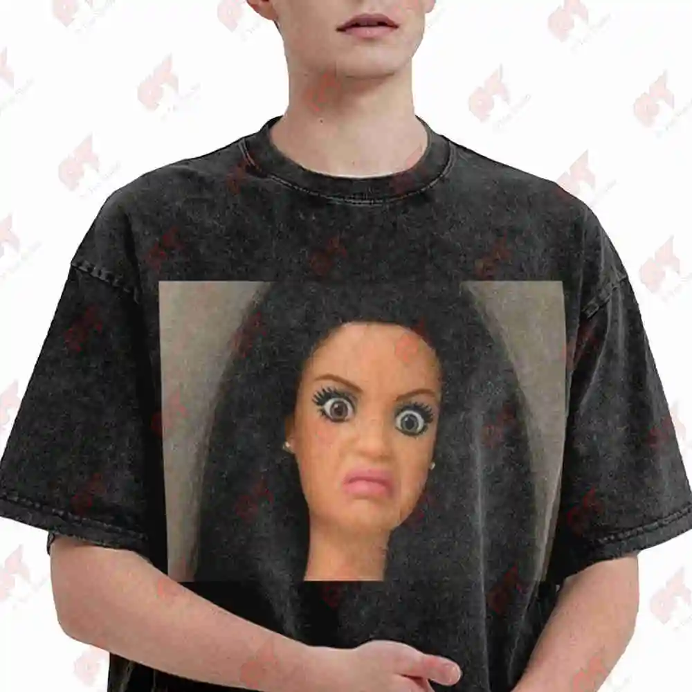 Doll Face Meme Sarcastic Expressive Eyes Vintage Washed Tee Pure Cotton T-Shirt