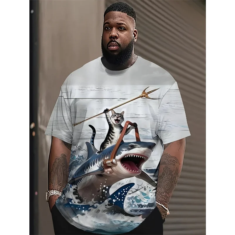 

3D Printed Shark Cat T Shirt For Men Vacation Fish Pattern Tees Summer O-Neck Short Sleeve Tops Casual Street Loose T-shirts