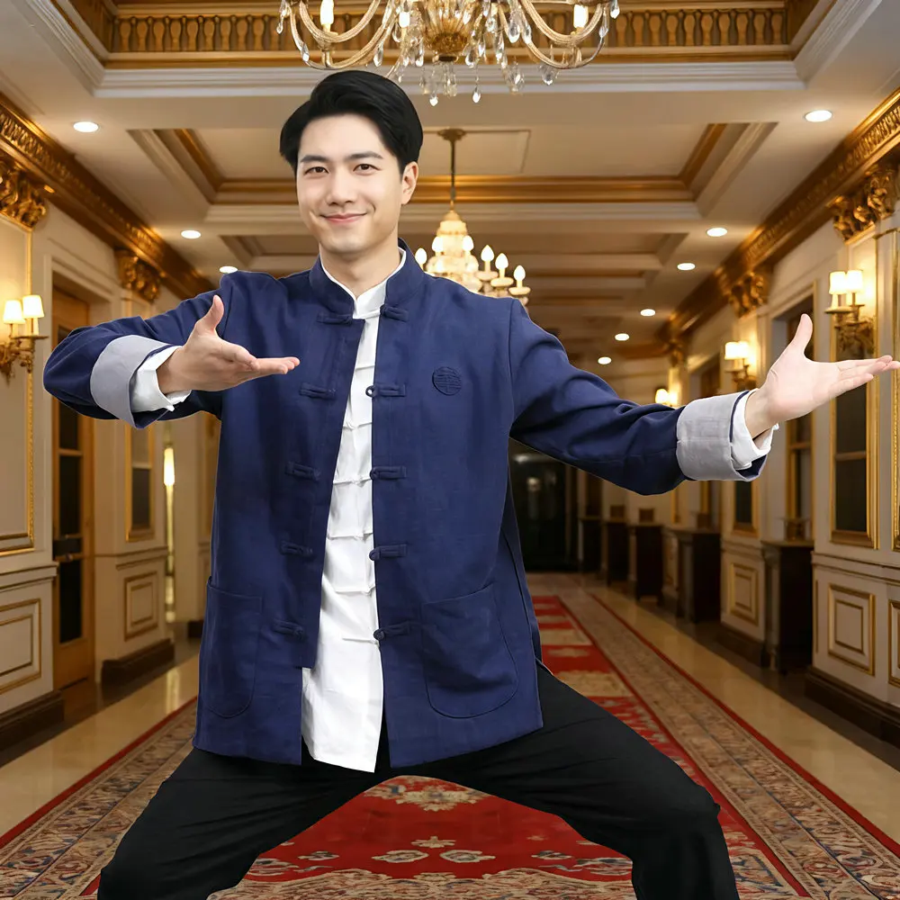 

Chinese Kungfu Jackets Men Linen Tunic Coat Green Red Blue Gray Xi Embroidery Tangzhuang Attire Mandarin Collar Zen Relax Outfit