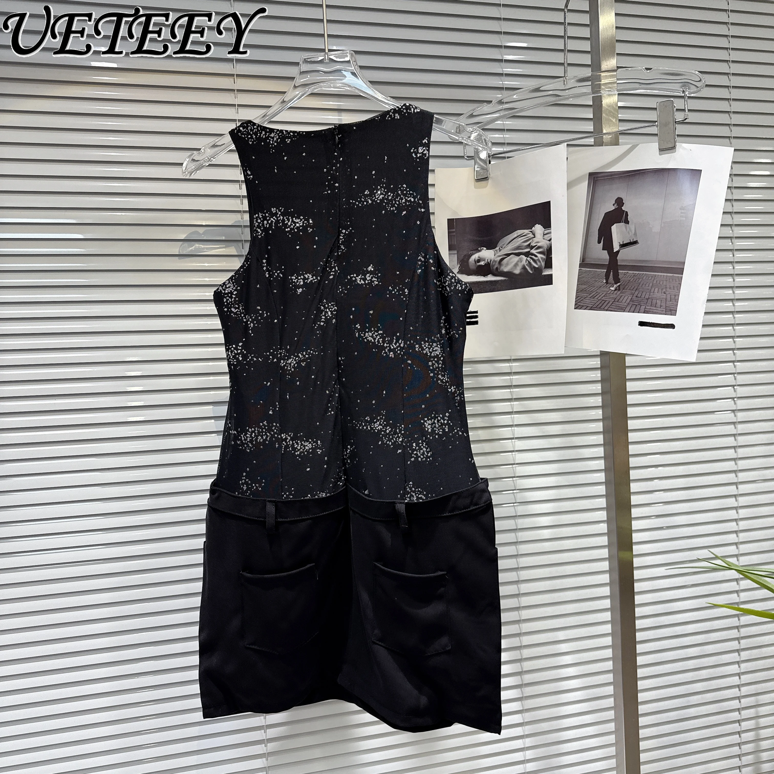 2025 Autumn New Fashion Socialite Metal Square Buckle Patchwork Backless Vest Dress Fashion Versatile Black Sleeveless Dress