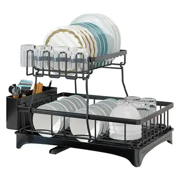 Stendino per piatti Stendino per piatti multifunzionale a 2 livelli e vassoio di drenaggio Colino per piatti con vassoio per scolapiatti Portabicchieri e utensili