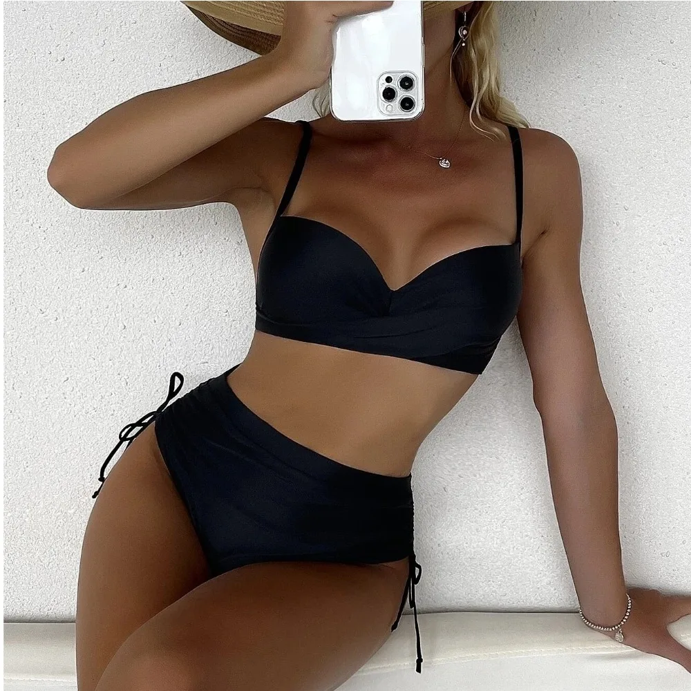 

High Waist Bikini Set Sexy Push Up Swimsuit Women Black Beachwear Tummy Control Swimwear Drawstring Bathing Suit Bikinis 2026