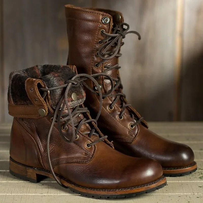 Men's Boots Leather Plus Size Knight Boots New Outdoor Thick Heel Male Ankle Boots Round Toe Motorcycle Boot Lace Up Long Boot
