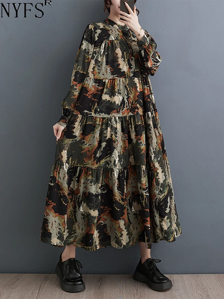 

NYFS 2024 New Spring Autumn Korean Womens Dresses Vestidos Robe Elbise Loose Plus Size Patchwork Vintage Print Long Dress