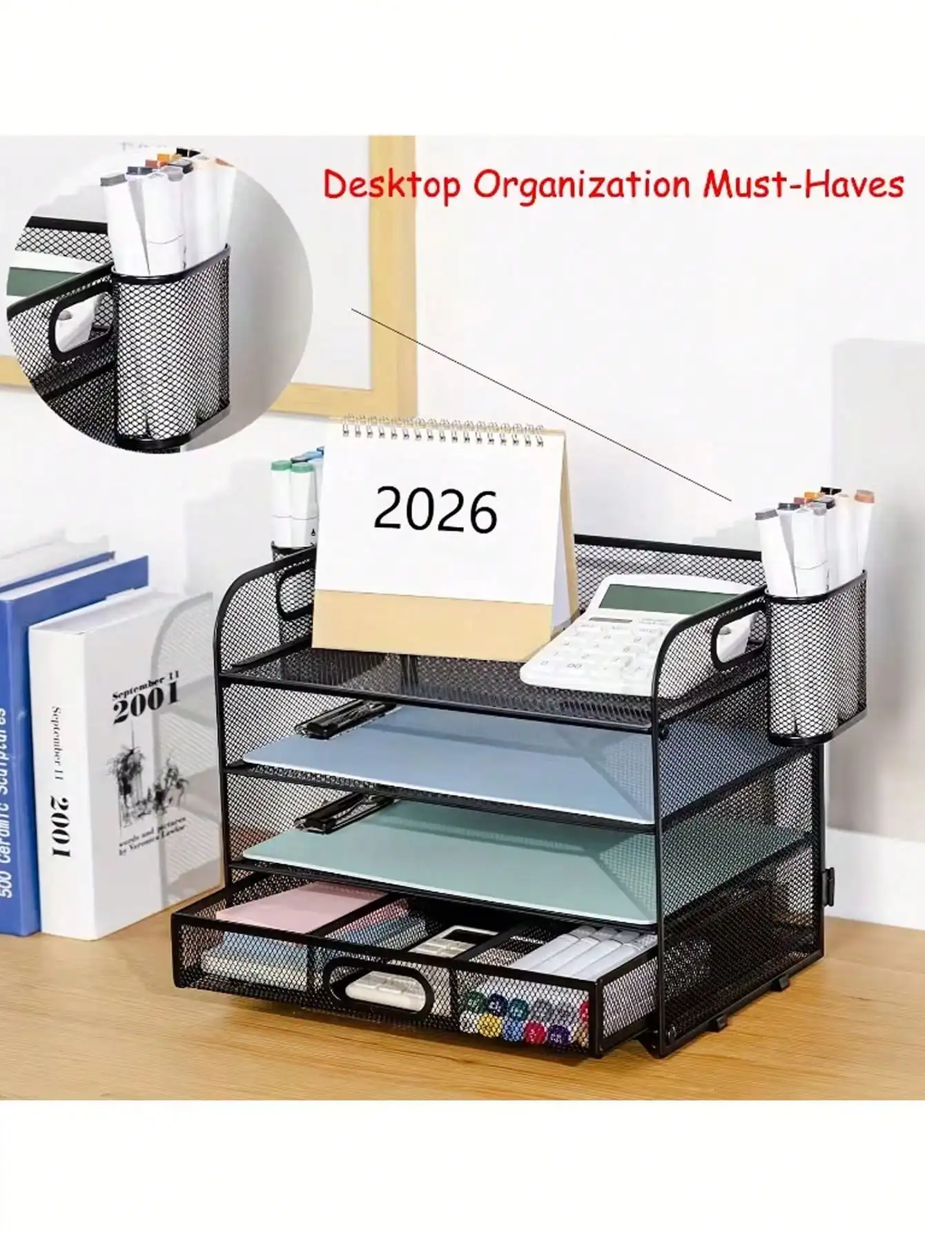 

1pc Oval-Shaped Metal Mesh Pen Holder, Dual-Use Design For Desktop And Side Hanging, Suitable For Offices And Schools, An Essential For Student Stationery Organization, And A Desktop Pen Organizer.