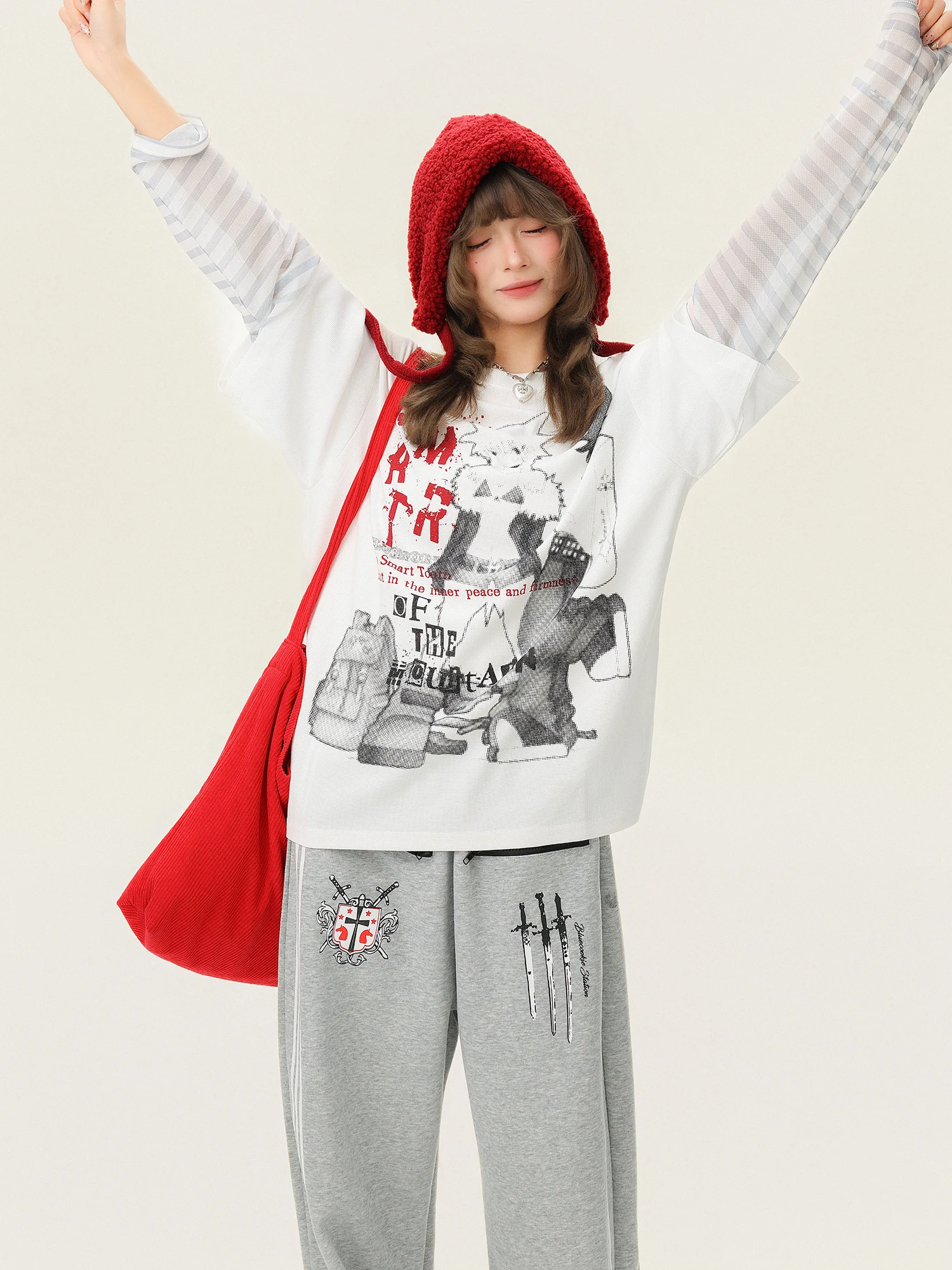 

Loose Fit Casual Sle Long Sve round Ne T-irt Women's Spring Season Printed Mo Two-Piece Baking Cookie Top