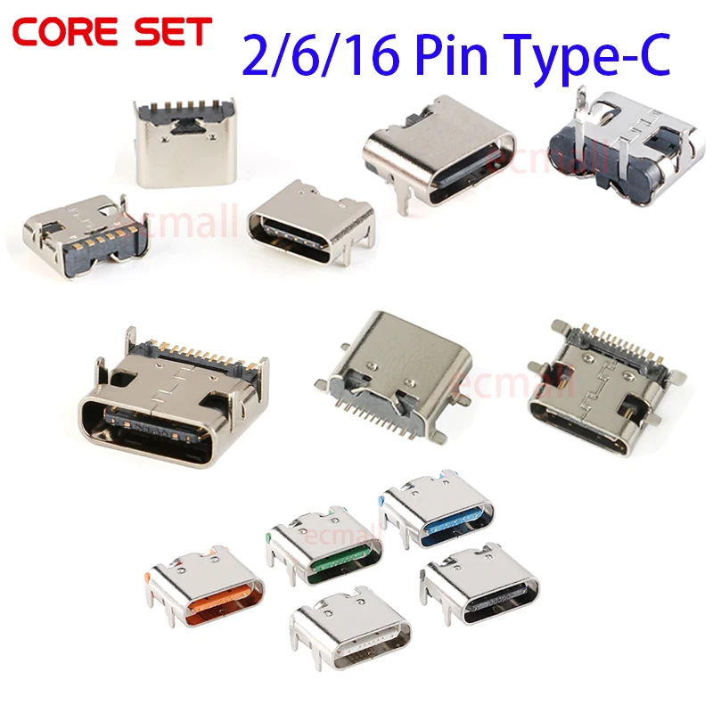 10Pcs USB Connector Type C Female Charging Port Jack 2/6/16 Pin Type-C Socket PCB Soldering SMD SMT DIY Repair Type C Adapter