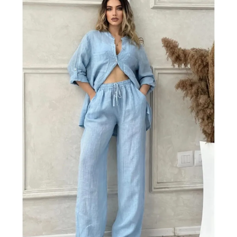 

Хлопково-льняная рубашка, женский комплект из 2 предметов, весна-лето, новый однотонный свободный повседневный костюм с карманами на шнуровке, широкие брюки, женский костюм