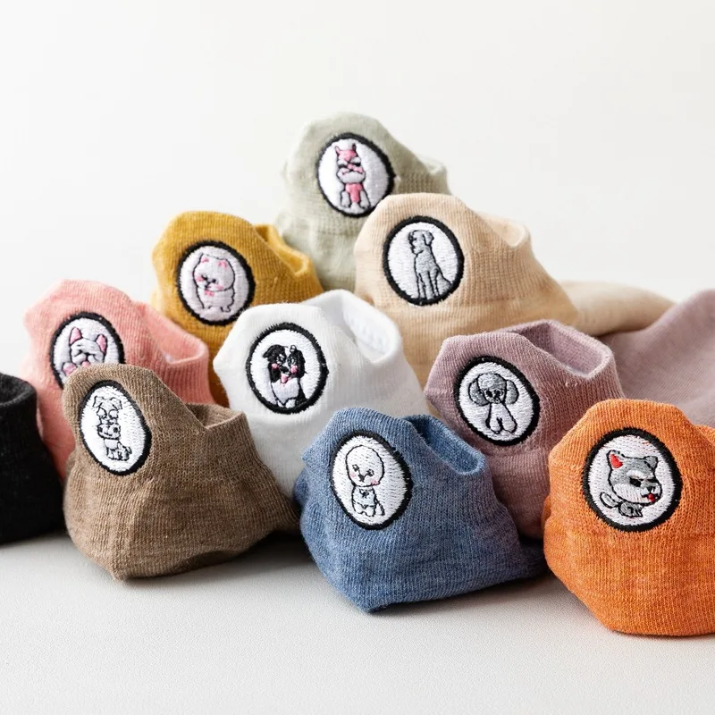 5 Pairs Spring Summer Women Solid Color Embroidered Cartoon Socks High Quality Animal Pattern Comfortable Breathable Boat Socks