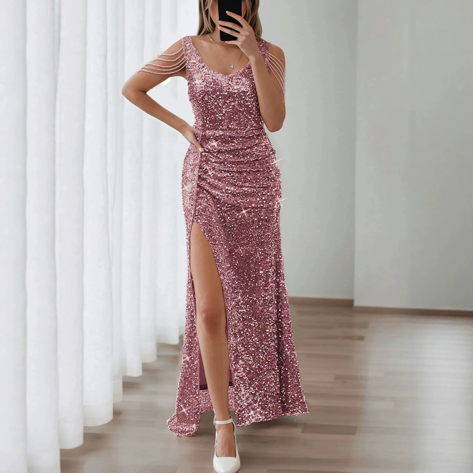 2026 Women's Sequin. And Bead-embellished, Slit-hem, V-neck Body Evening Gown. Dresses For Women Outfits Prom Elegant Party