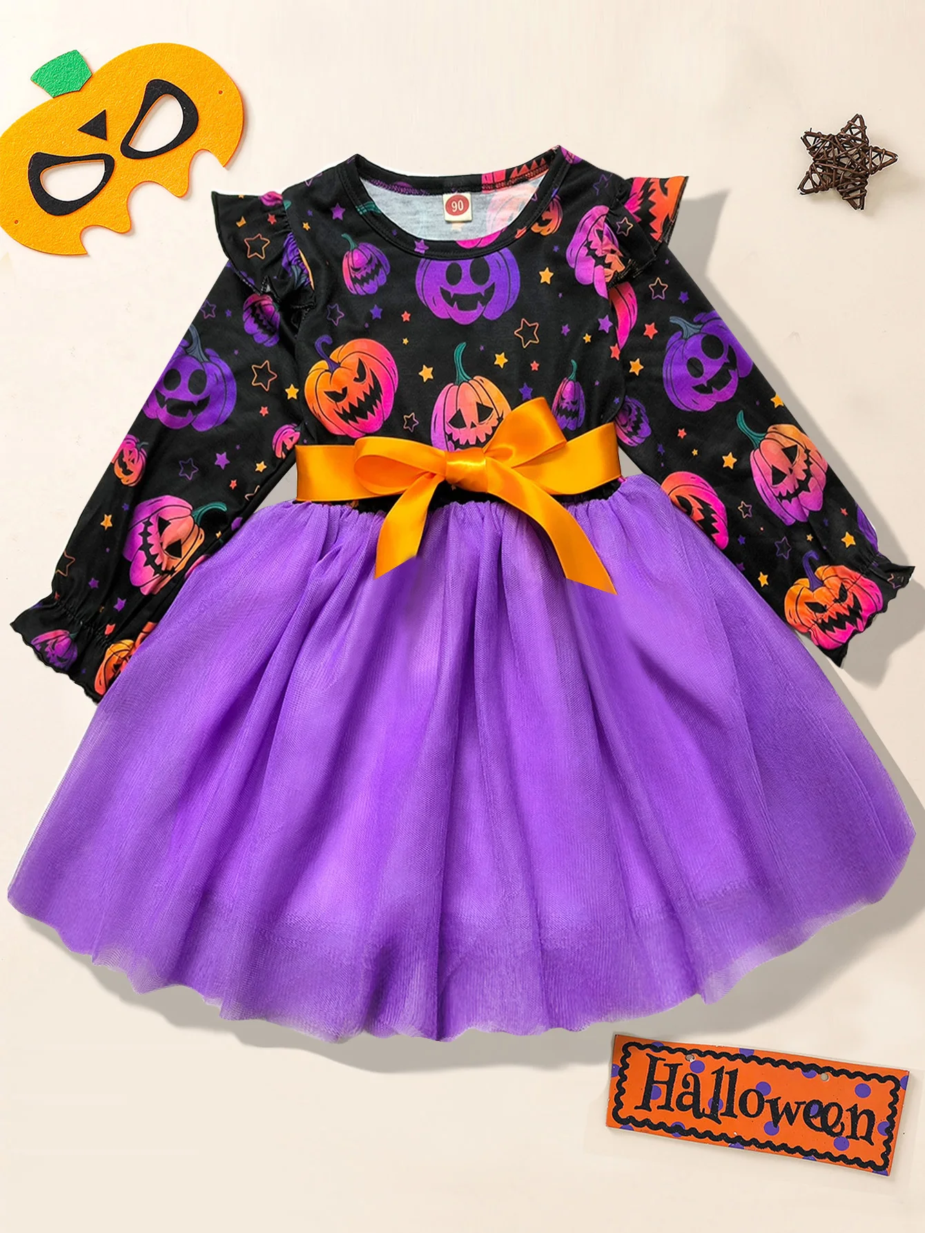 Princess Costume Dress for Girls Halloween Pumpkin Face Net Gown with Belt Long Sleeve Bell for Kids