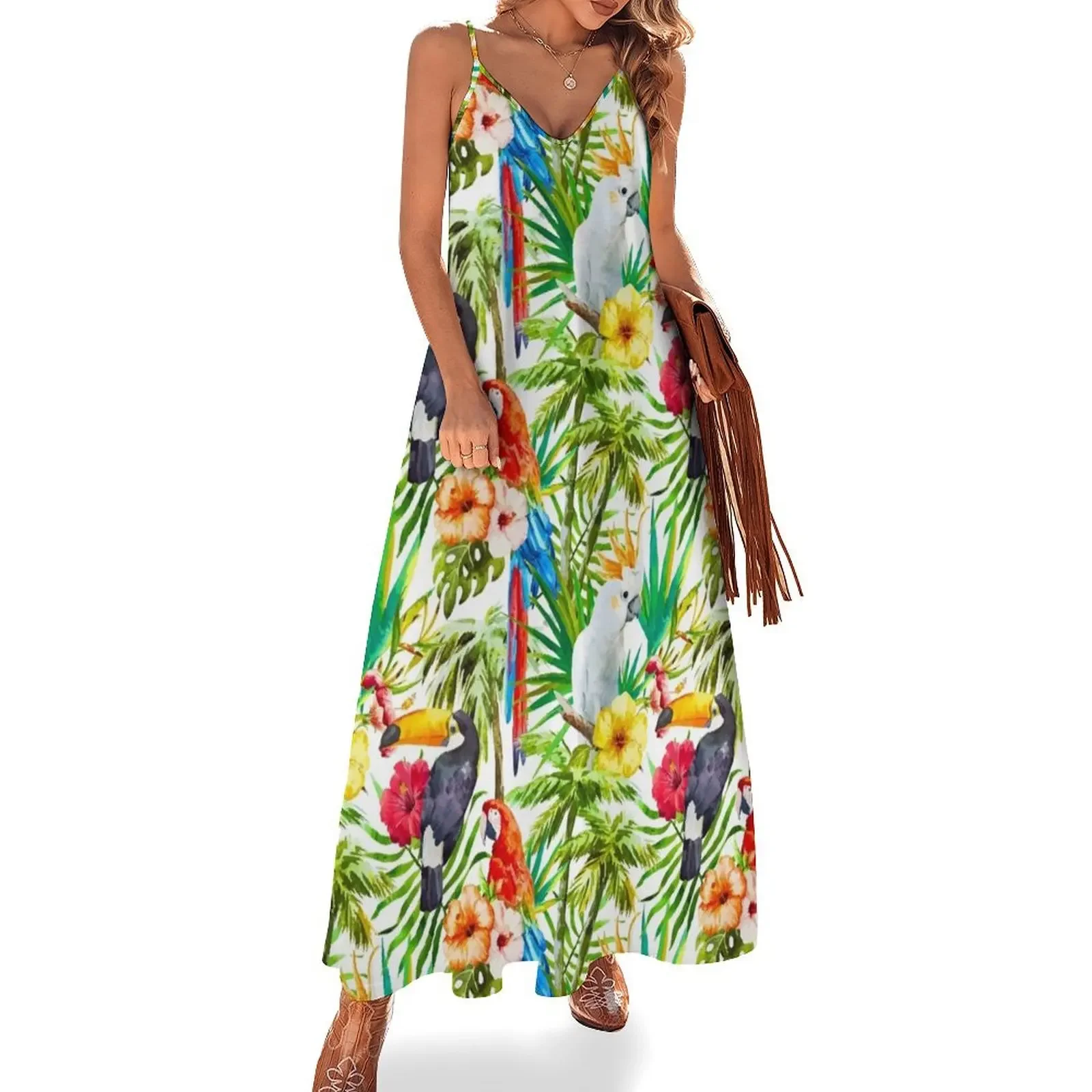 

Tropical Parrot, Cockatoo and Toucan Rainforest Sleeveless Dress Clothing birthday dress for women