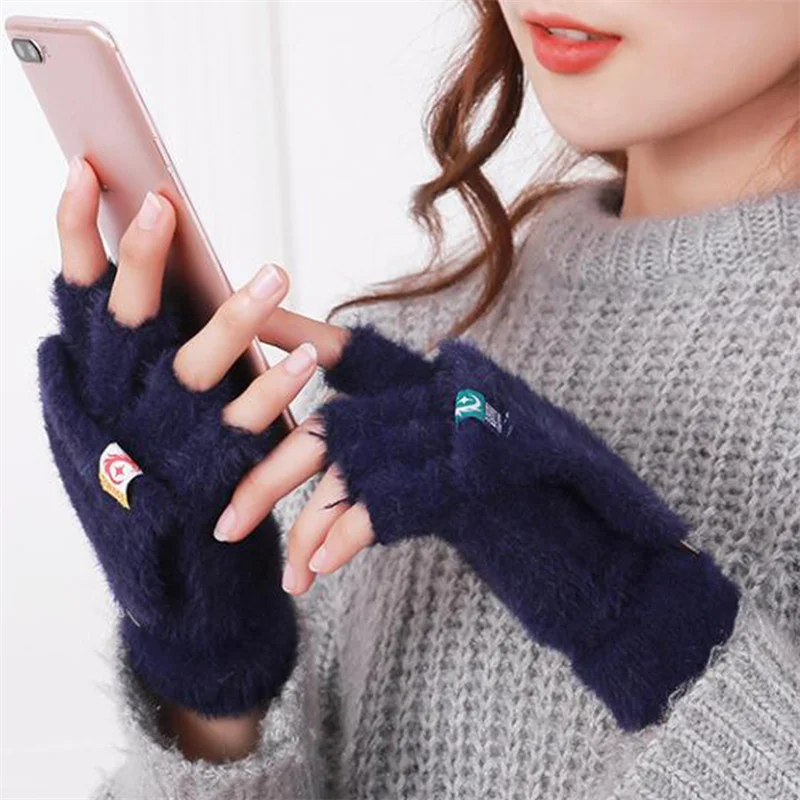 Winter Rabbit Fur Mittens Women Warm Gloves Girls Feamle Flip Plush Glove Fingerless Thicken Warm Mitten Work Gloves Half Finger