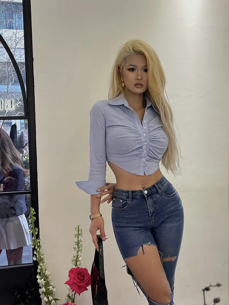 WOMENGAGA Pleated Long Sleeve Open Waist Shirt Women Summer New Spicy Girl High Waist Hot Sexy Korean Women Blouse K47E