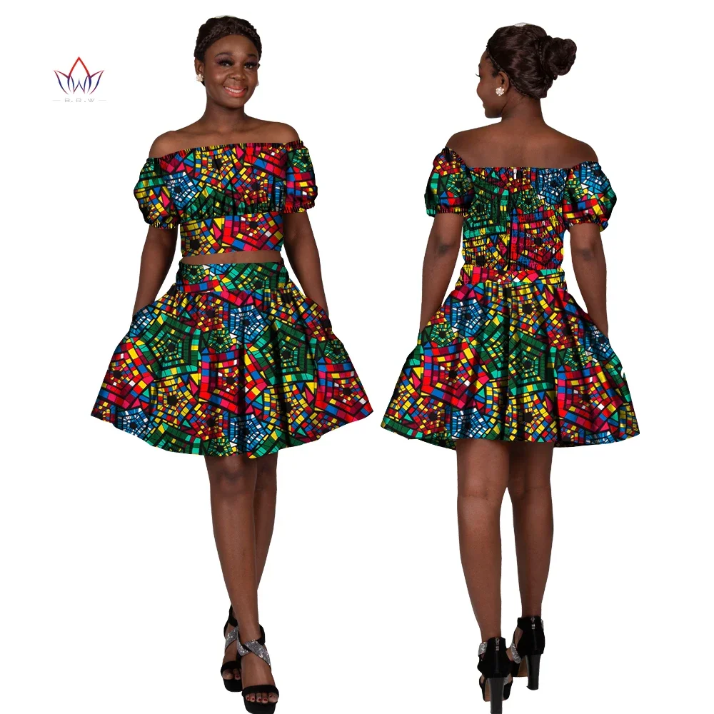 

2pcs Set Strentch Tops and Mini Skirt Suits Dashiki African Women Clothes Ankara Print Customize Off Shoulder Lady Skirts Wy2157