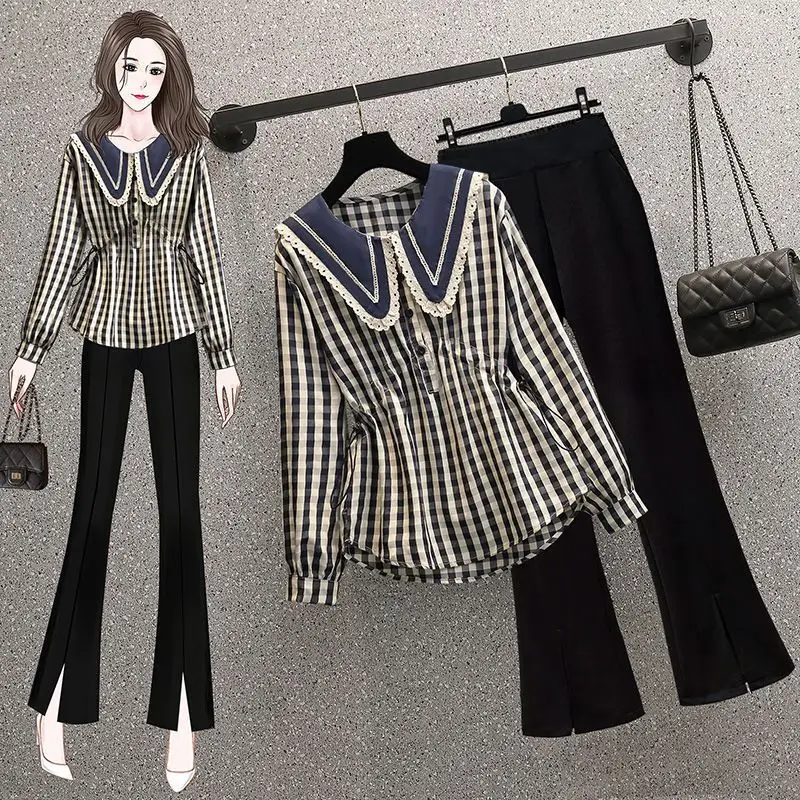 2023 Sweet Peter Pan Collar Plaid Blouse Spring Autumn Long Sleeve Female Clothing Spliced Commute Stylish Button Shirring Shirt