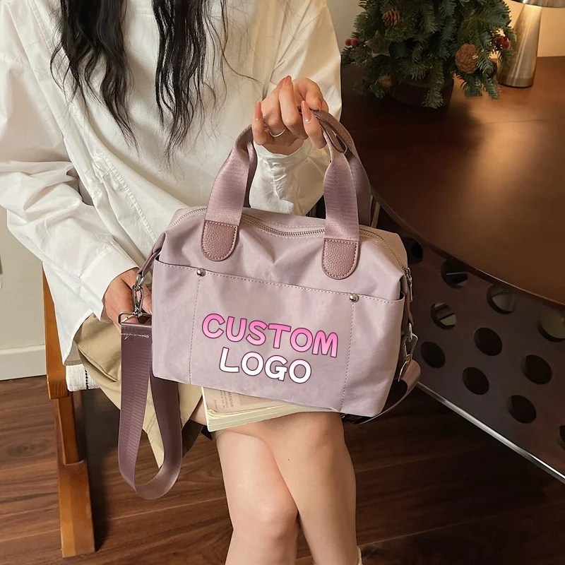 Custom Logo Waterproof Nylon Boston Bag Detachable Strap Crossbody Handbag Lightweight Portable Travel Cosmetic Bag Custom Print