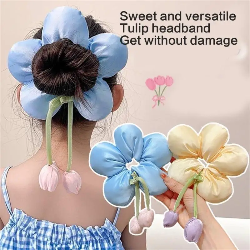 

652F Flower Bows Hair Tie For Girls High Elastic Scrunchie Childrens Soft Fabric Ponytail Holder Floral Hair Accessories