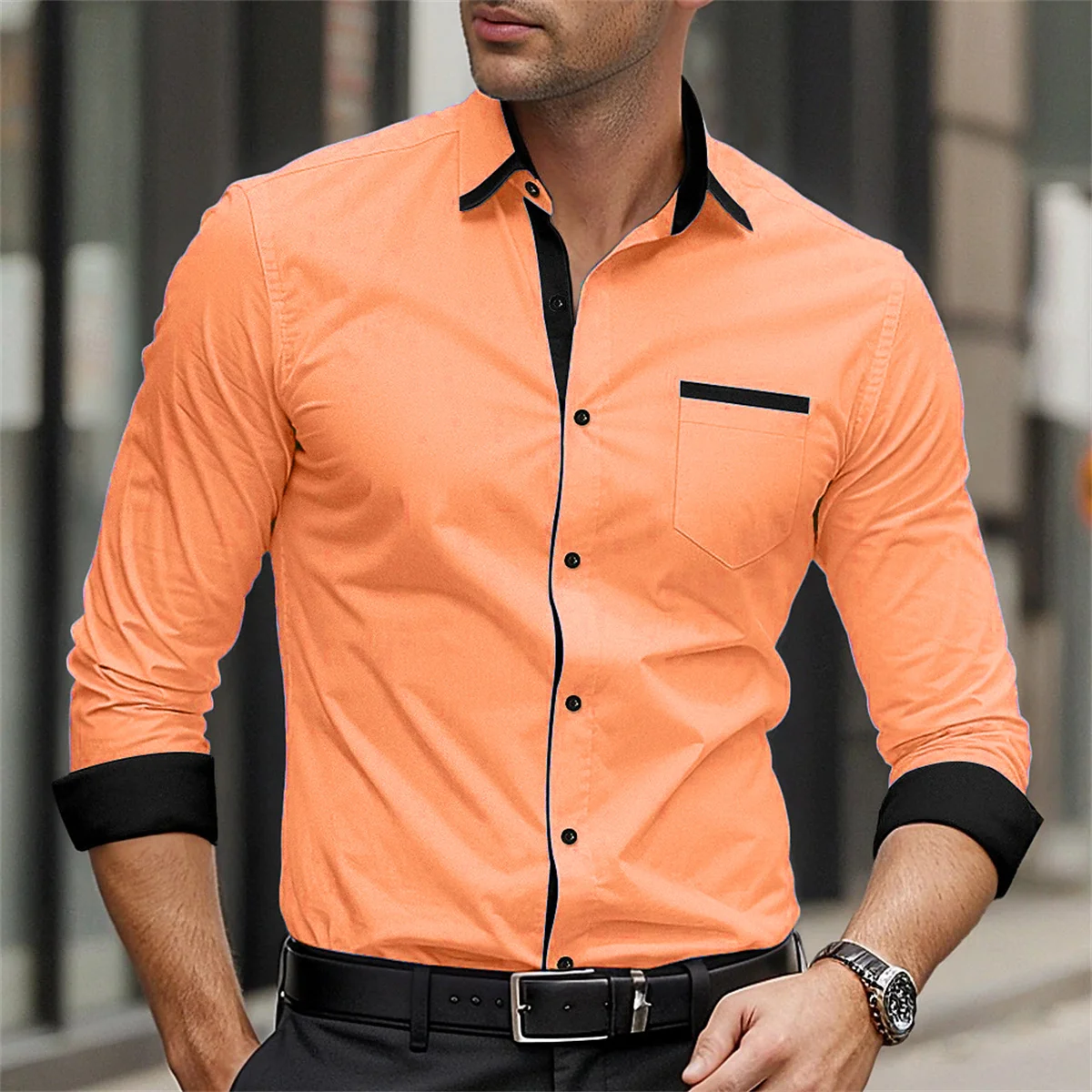 2024 New Men\'s Shirt Solid Color Splicing Printed Collar Shirt Fashion Business Casual Men\'s Long Sleeve Street Top 6XL