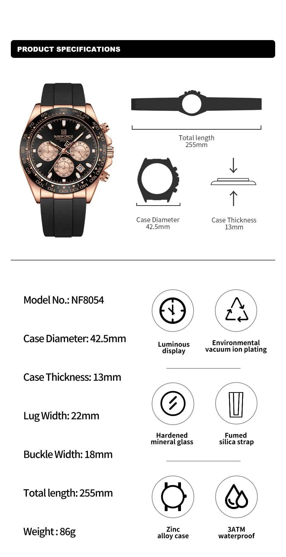 NAVIFORCE NF8054 Brand Men Business Watch Fashion Luxury Silicone Strap Waterproof Multifunctional Quartz Wristwatch