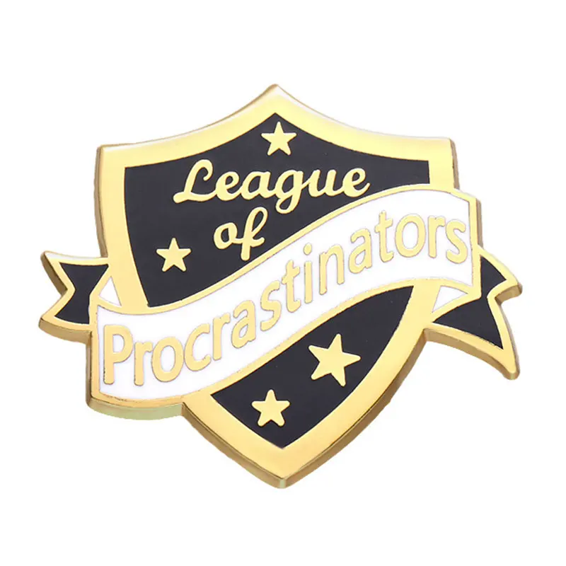 League of Procrastinators Shield Brooch Enamel Pins Metal Badges Fashion Jewellery Clothes Hat Backpack Accessory Gifts