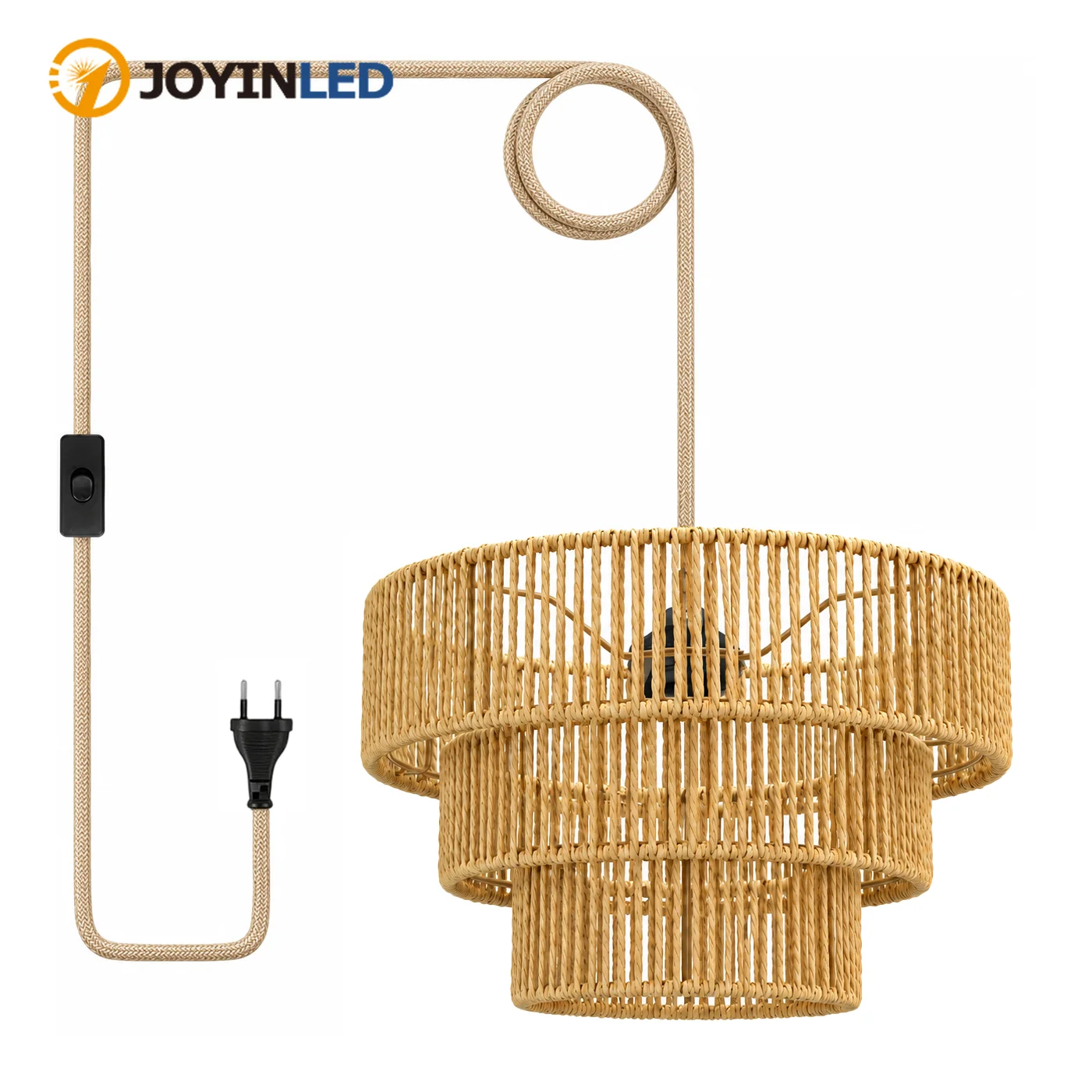 joyinled-ラタン製ペンダントライト。45mのコード付きで、リビング、寝室、キッチンなどの屋内空間に最適。直径32cm。on-offスイッチ付き。
