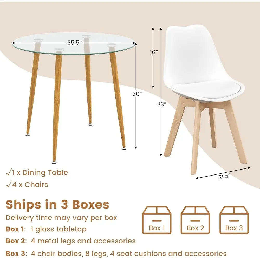 Dining Table Set for 4, Modern 5-Piece Dining Room Set w/ 1 Round Tempered Glass Table & 4 High Back Chairs, Customized