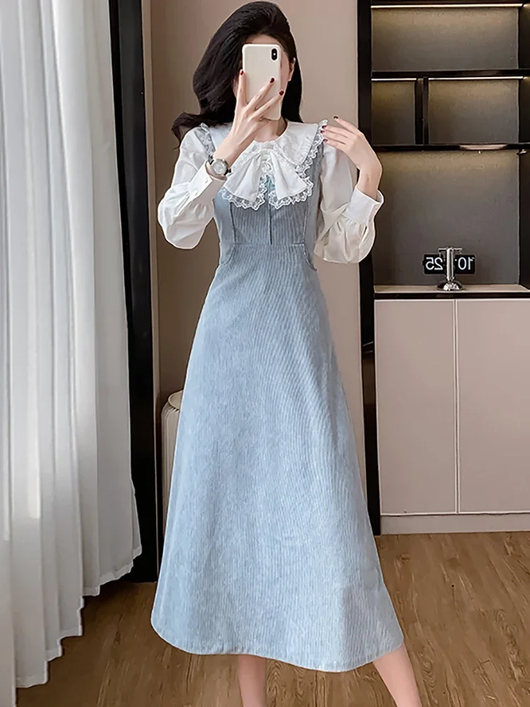 

Autumn Winter White Chic Bow Lace Doll Collar Top Shirts+Blue Corduroy Strap Dress Two Piece Sets 2025 Women Korean Dress Suits