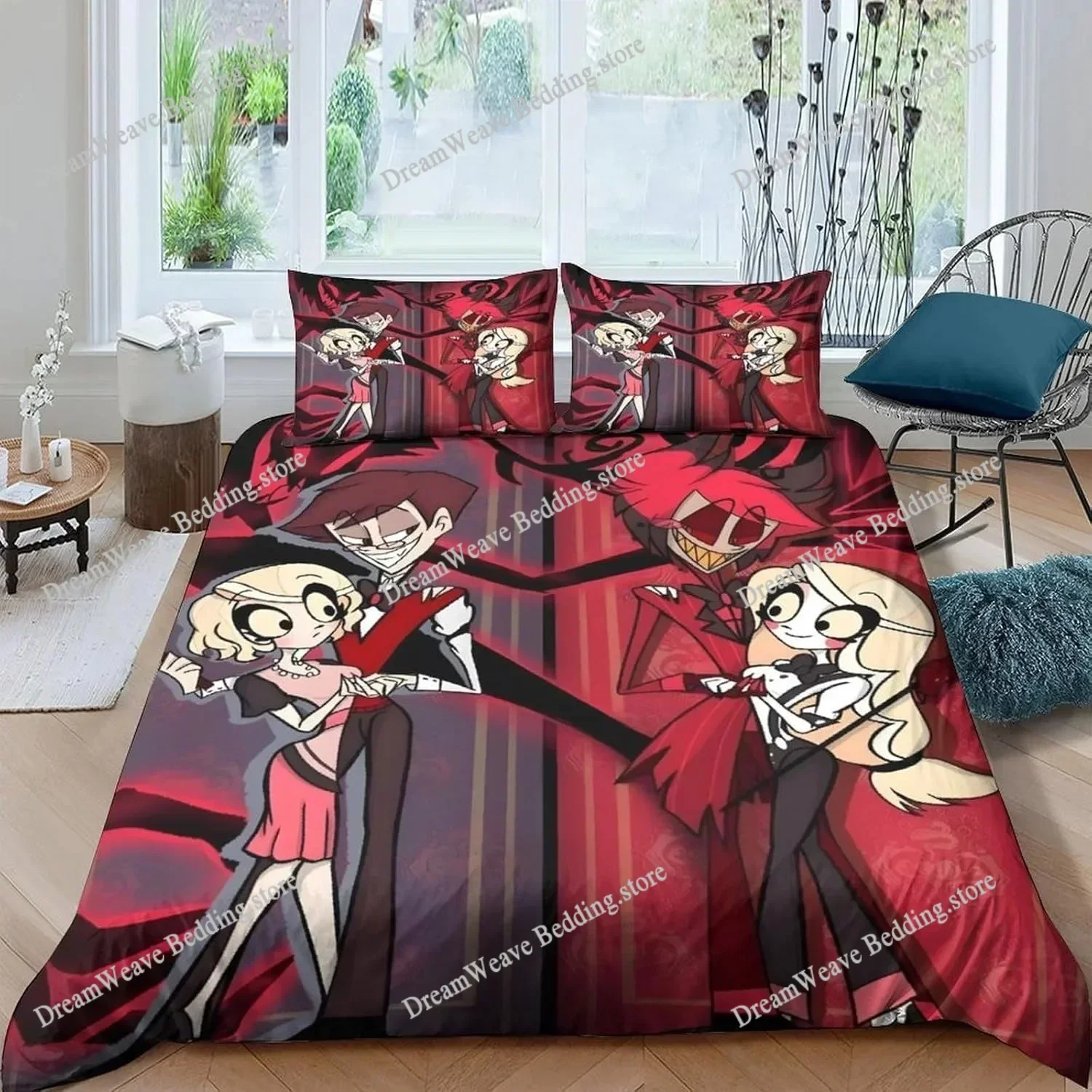 Hazbined Hotel Duvet Cover Set Cartoon Charlie Vaggie Alastor AD Quilt Cover Pillowcase Set Bedding Set Full Queen King Size