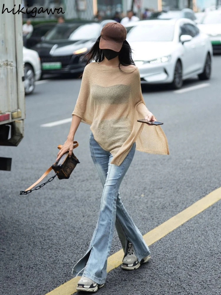 Fashion Pullovers 2024 Women Clothes Y2k Tops Sueter Mujer Korean Jumper See Through Sexy Pull Femme Irregular Knit Thin Sweater