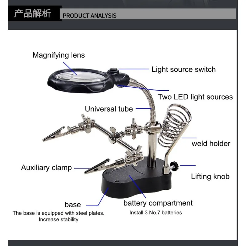 Lampu LED Helping Hands dengan Kaca Pembesar Fleksibel Gooseneck dan Klip Buaya untuk Perbaikan Ponsel, Penyolderan, dan Pembuatan Perhiasan