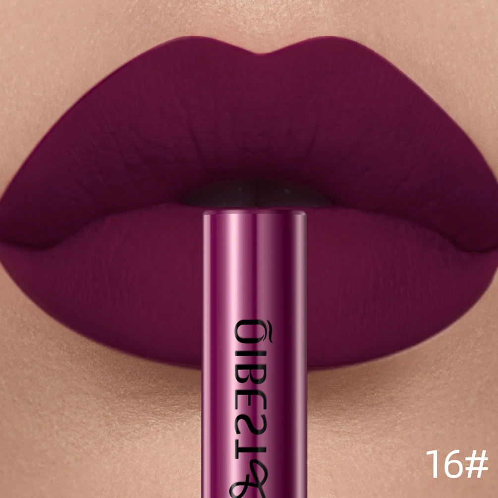 QIBEST-Brillo de labios rojo mate para mujer, lápiz labial líquido de terciopelo de larga duración, maquillaje de labios, taza antiadherente de